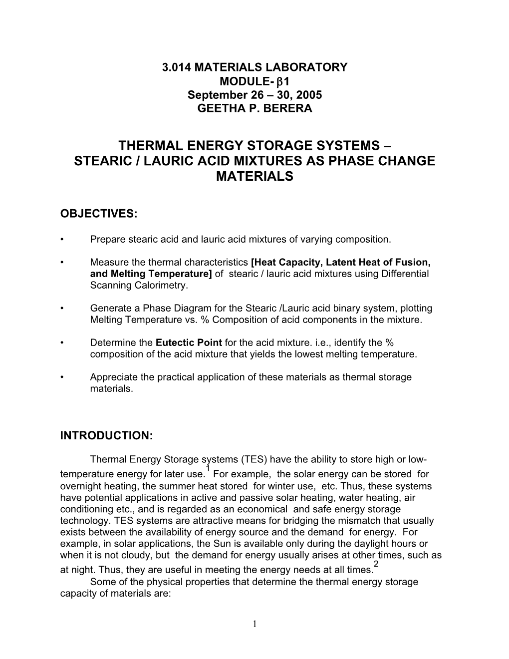 Stearic / Lauric Acid Mixtures As Phase Change Materials