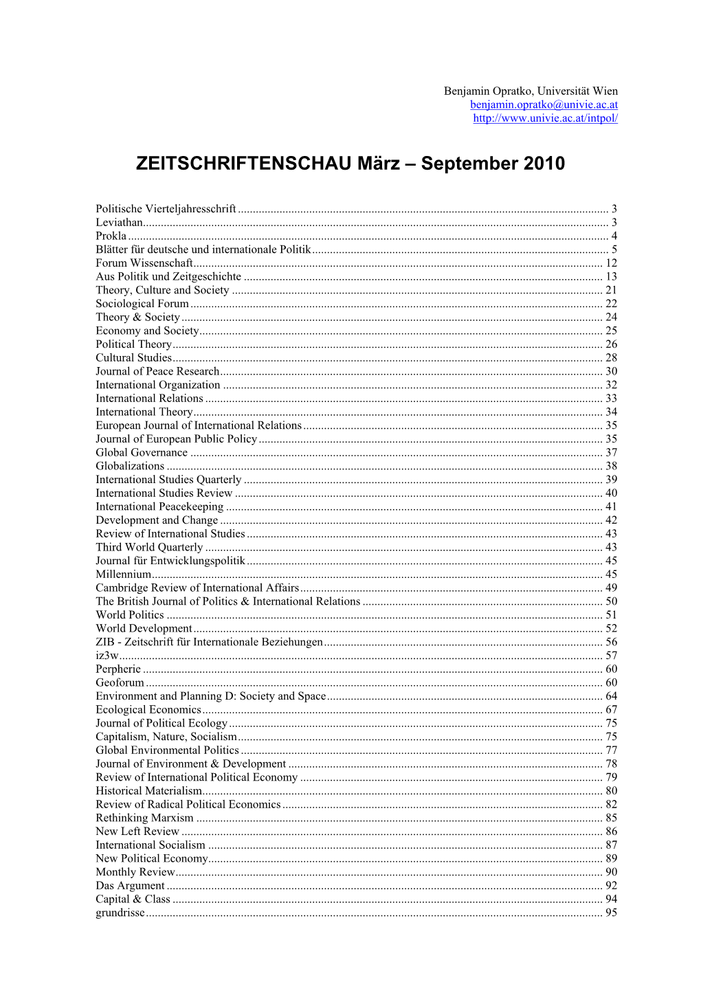 ZEITSCHRIFTENSCHAU März – September 2010