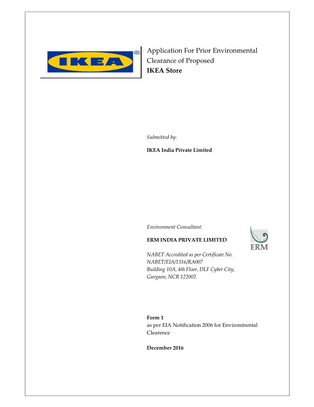Application for Prior Environmental Clearance of Proposed IKEA Store