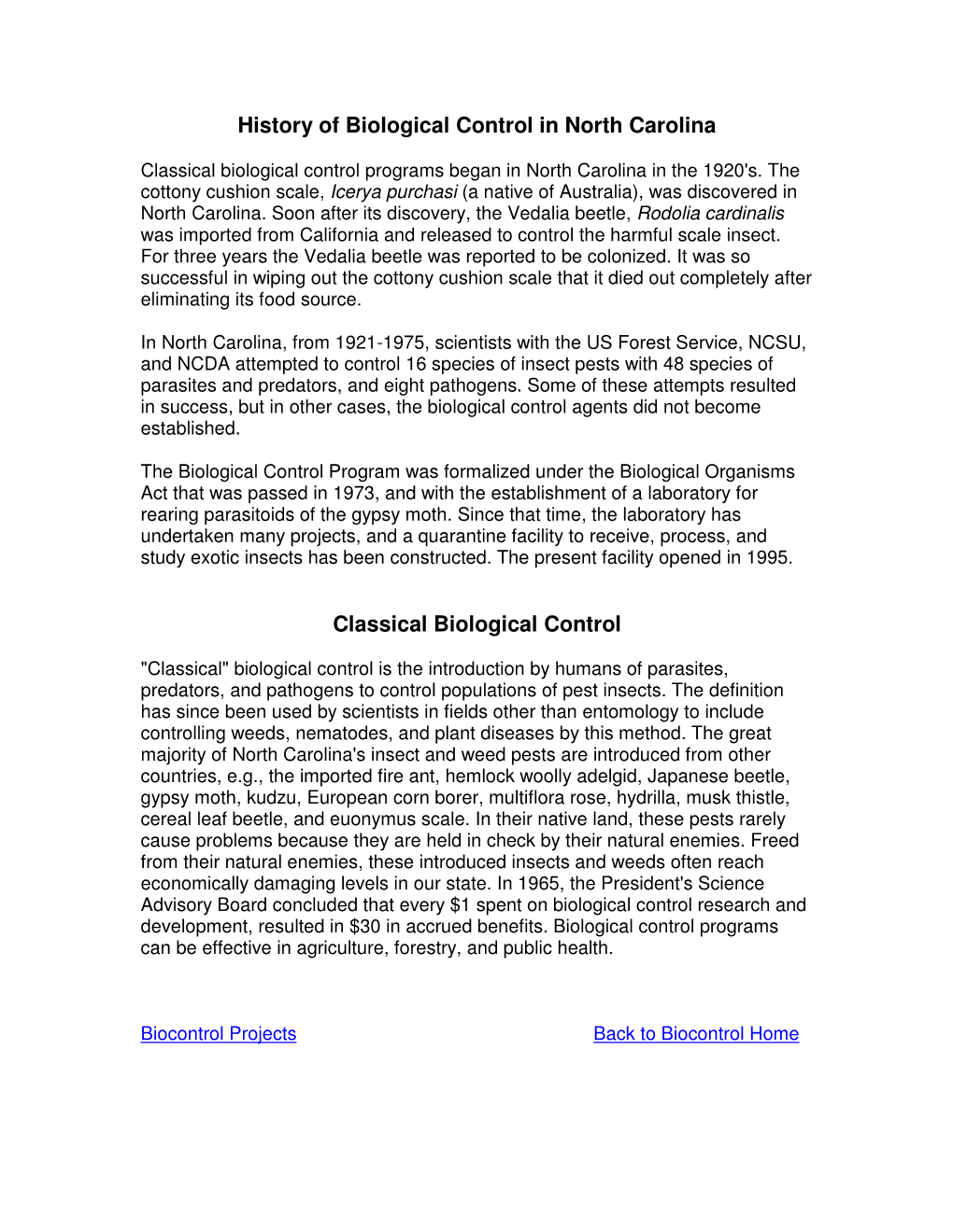 History of Biological Control in North Carolina Classical Biological Control