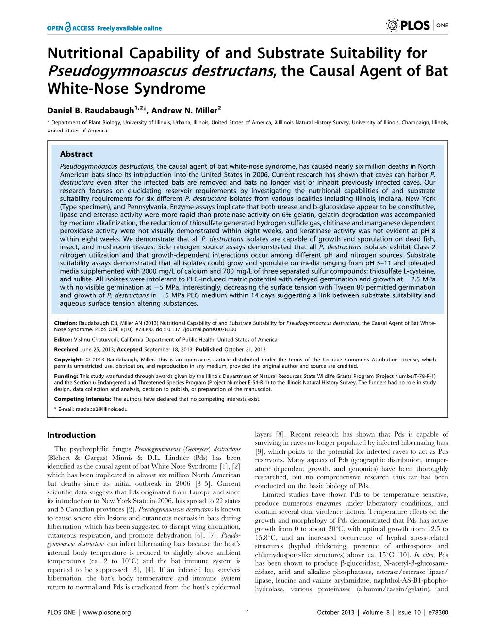 Pseudogymnoascus Destructans, the Causal Agent of Bat White-Nose Syndrome