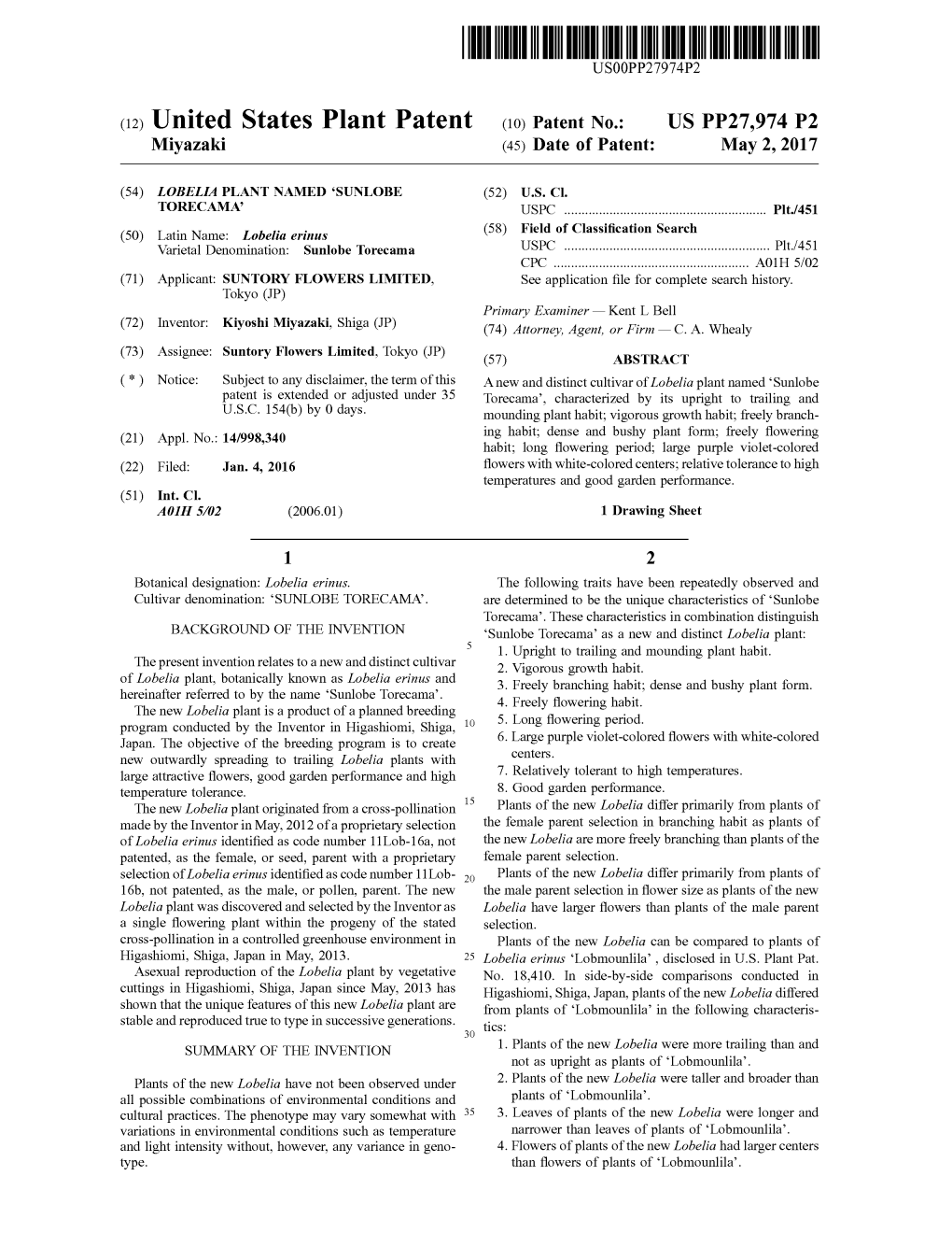 (12) United States Plant Patent (10) Patent No.: US PP27,974 P2 Miyazaki (45) Date of Patent: May 2, 2017