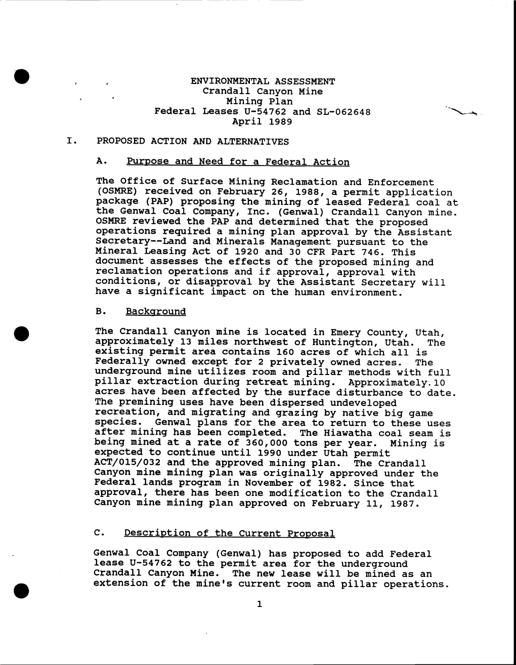 EWIRONI,IENTAL ASSESSMENT Crandall Canyon Mine Mining Plan Federal Leases V-54762 and SL-O62648 April L9B9