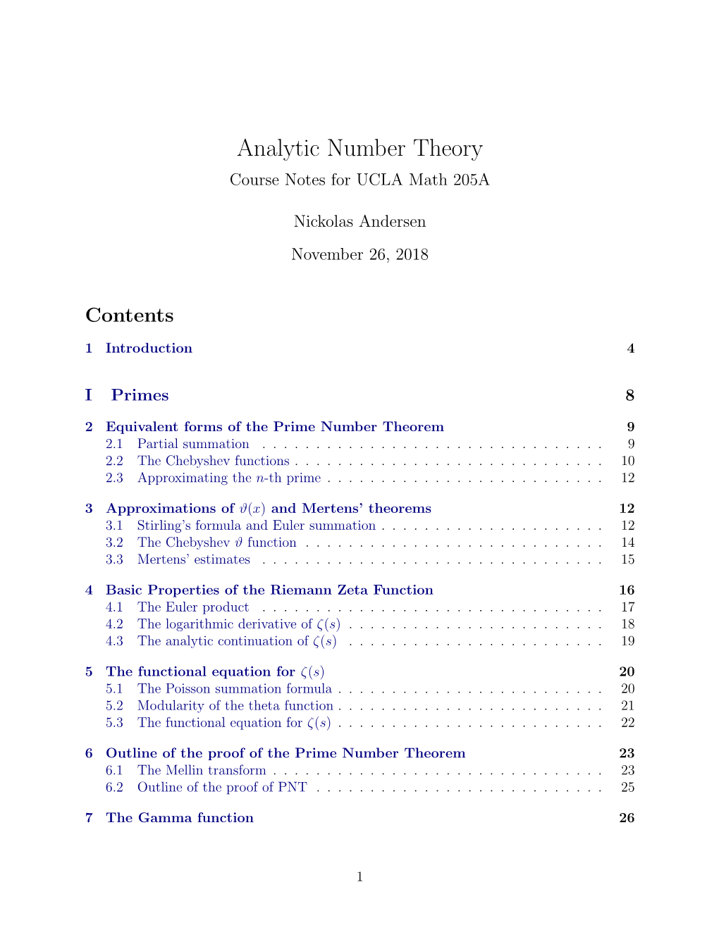 Analytic Number Theory Course Notes for UCLA Math 205A