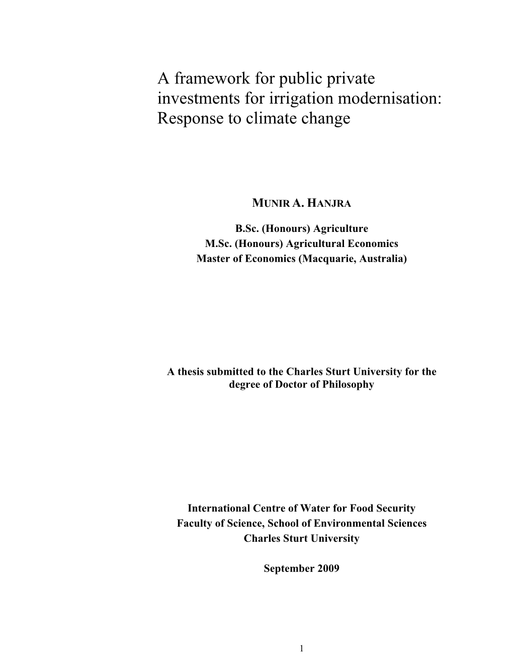 A Framework for Public Private Investments for Irrigation Modernisation: Response to Climate Change