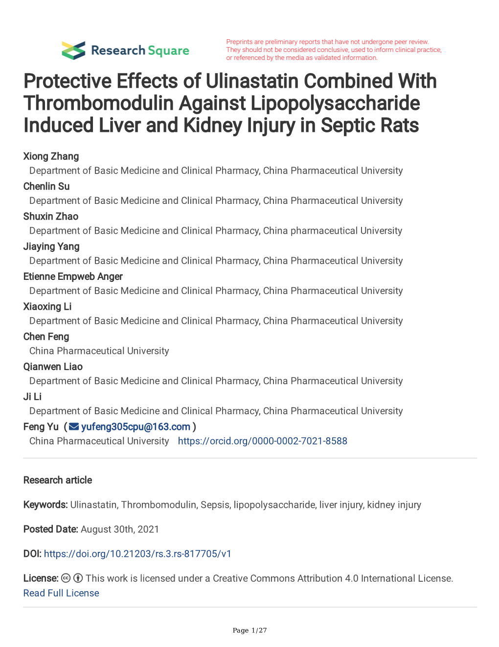 Protective Effects of Ulinastatin Combined with Thrombomodulin Against Lipopolysaccharide Induced Liver and Kidney Injury in Septic Rats