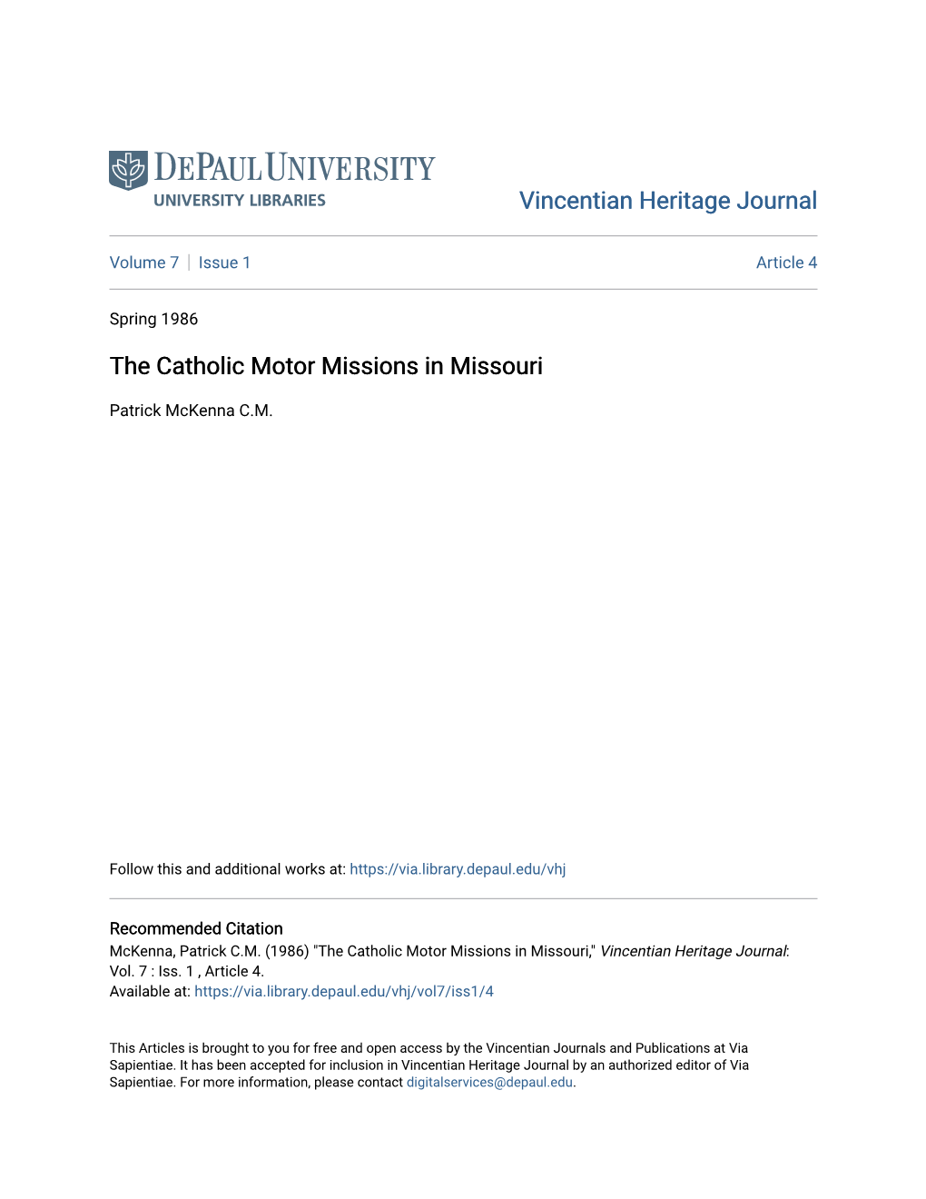 The Catholic Motor Missions in Missouri