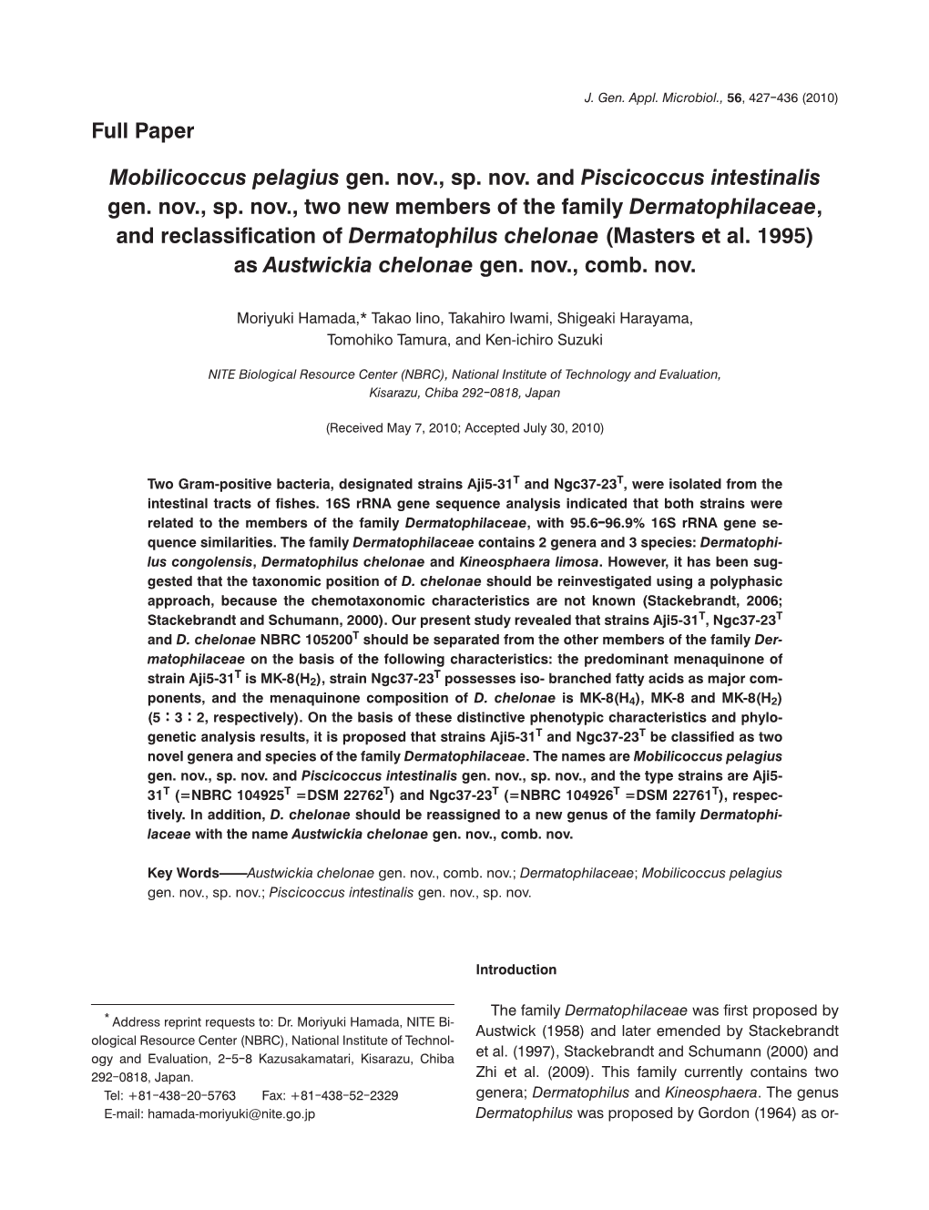 Mobilicoccus Pelagius Gen. Nov., Sp. Nov. and Piscicoccus Intestinalis Gen