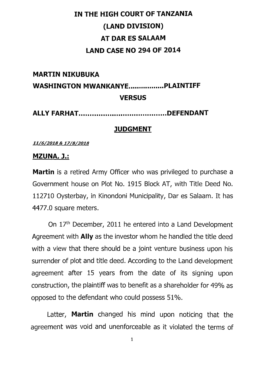 Land Case No 294 of 2014