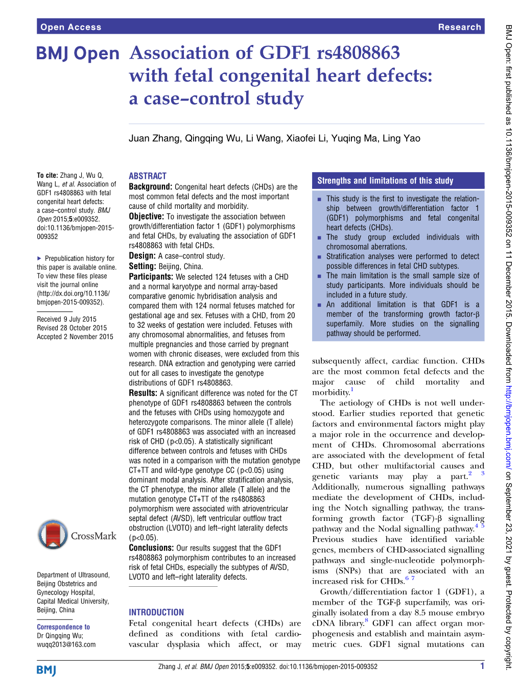 Association of GDF1 Rs4808863 with Fetal Congenital Heart Defects: a Case–Control Study