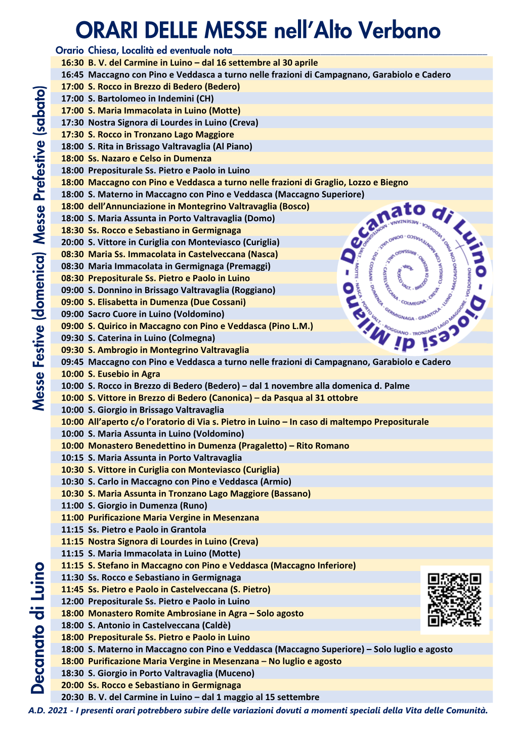 ORARI DELLE MESSE Nell'alto Verbano
