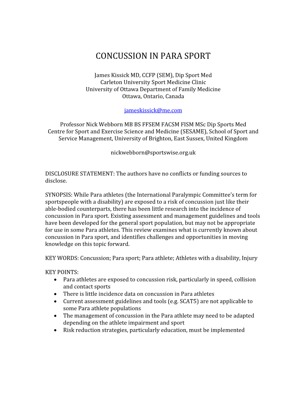 Concussion in Para Sport