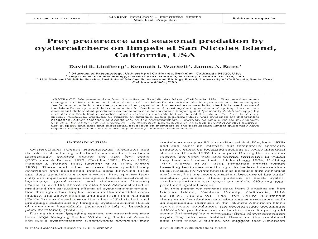 Prey Preference and Seasonal Predation by Oystercatchers on Limpets at San Nicolas Island, California, USA