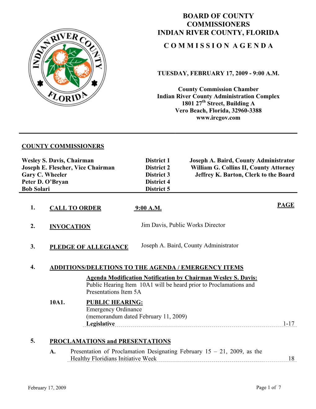 Indian River County Board of County Commissioners Meeting Agenda 02/17/09