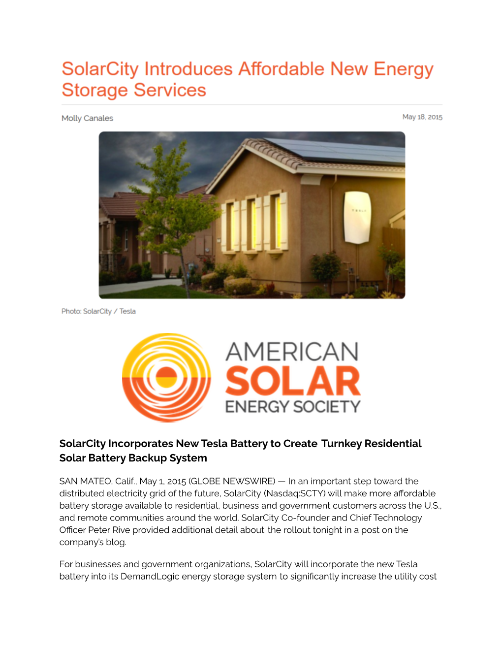 Solarcity Introduces Affordable New Energy Storage Services