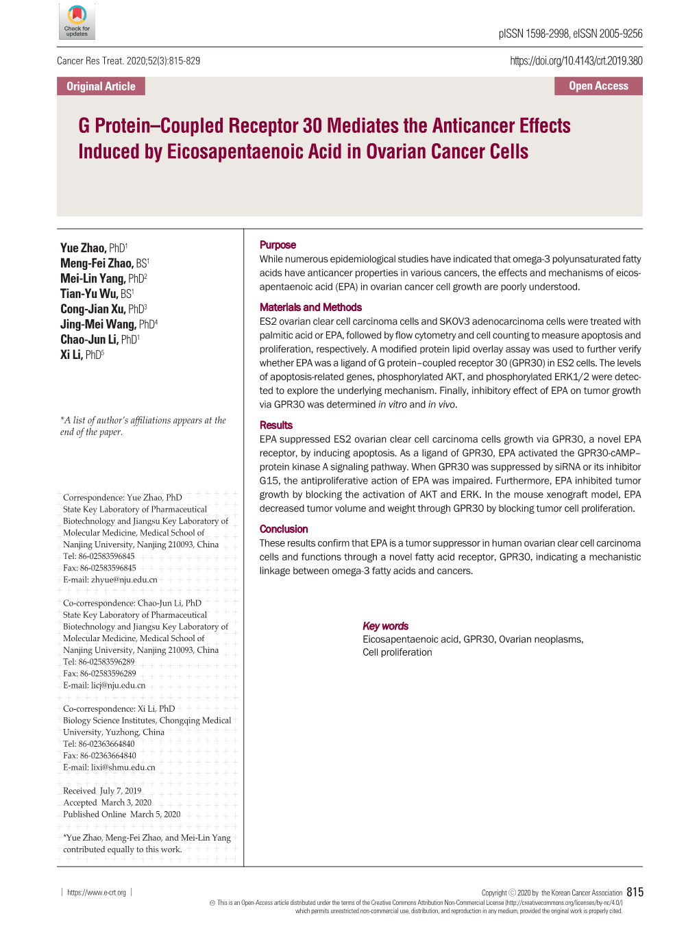 G Protein–Coupled Receptor 30 Mediates the Anticancer Effects Induced by Eicosapentaenoic Acid in Ovarian Cancer Cells