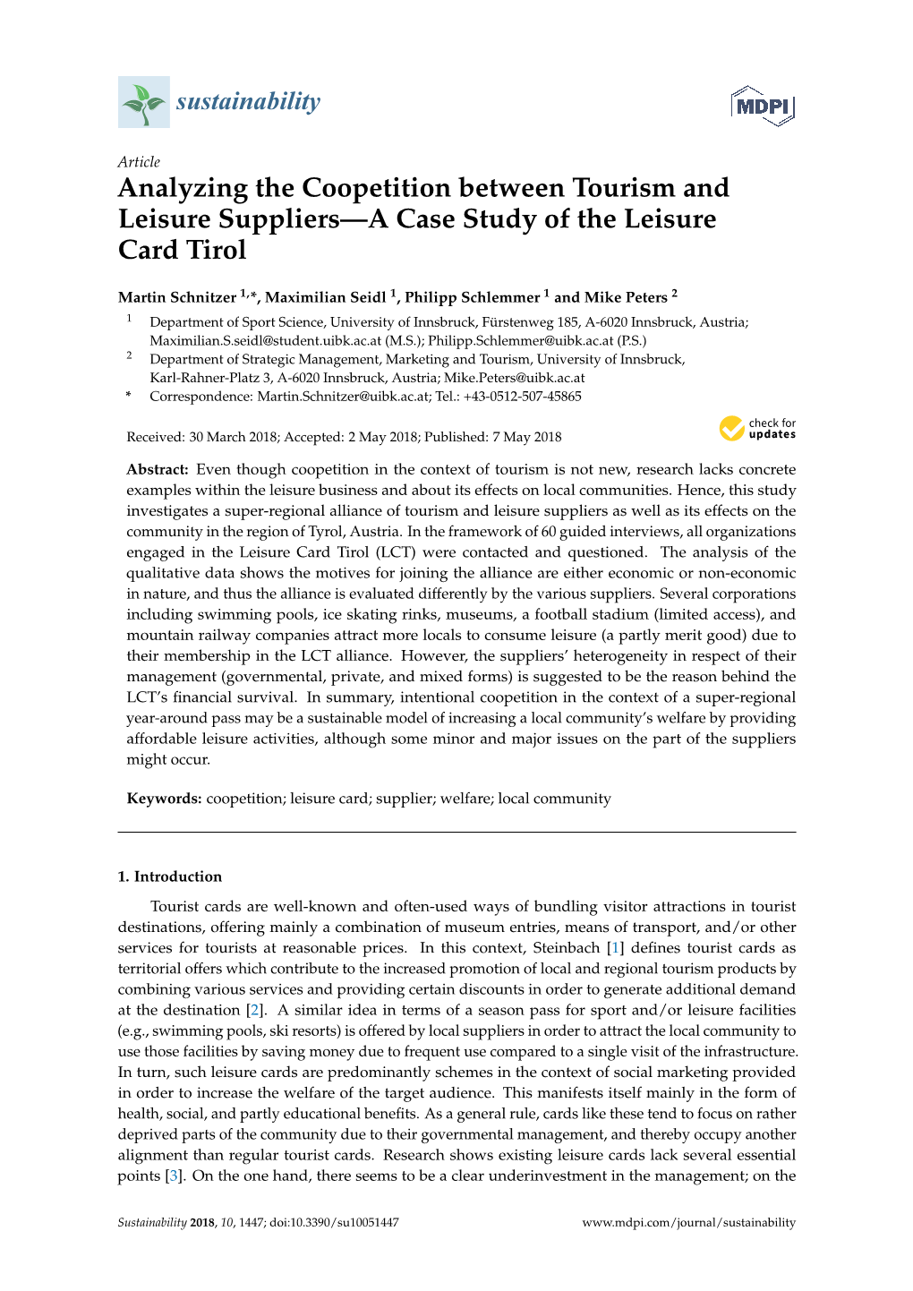 Analyzing the Coopetition Between Tourism and Leisure Suppliers—A Case Study of the Leisure Card Tirol