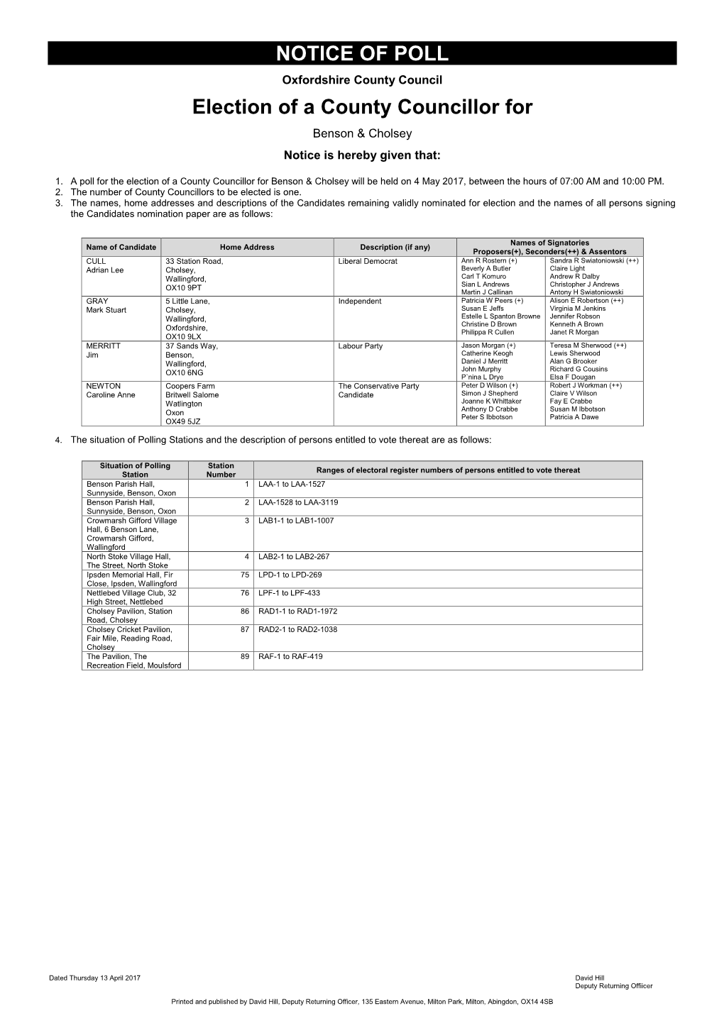 NOTICE of POLL Election of a County Councillor