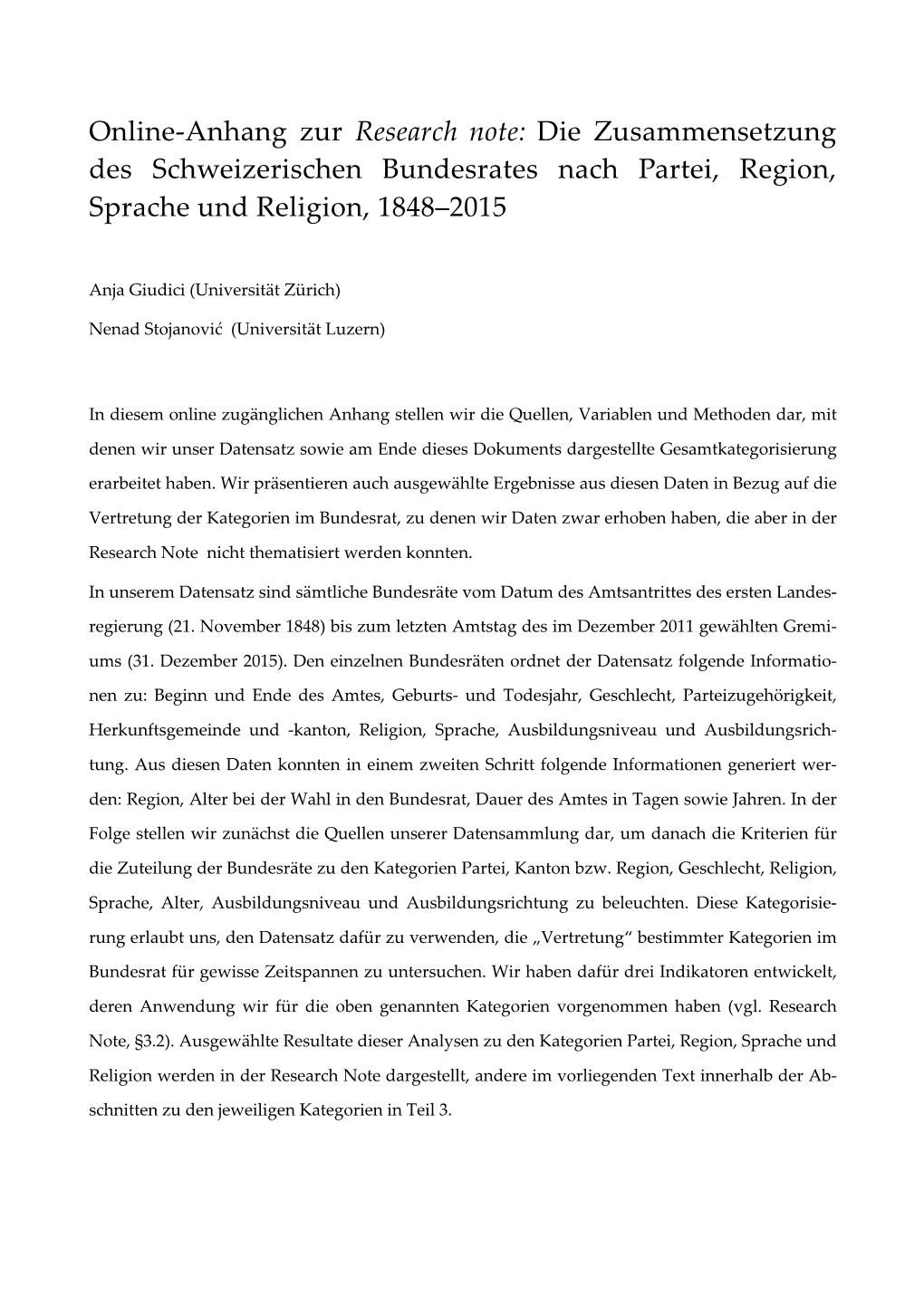 Online-Anhang Zur Research Note: Die Zusammensetzung Des Schweizerischen Bundesrates Nach Partei, Region, Sprache Und Religion, 1848–2015