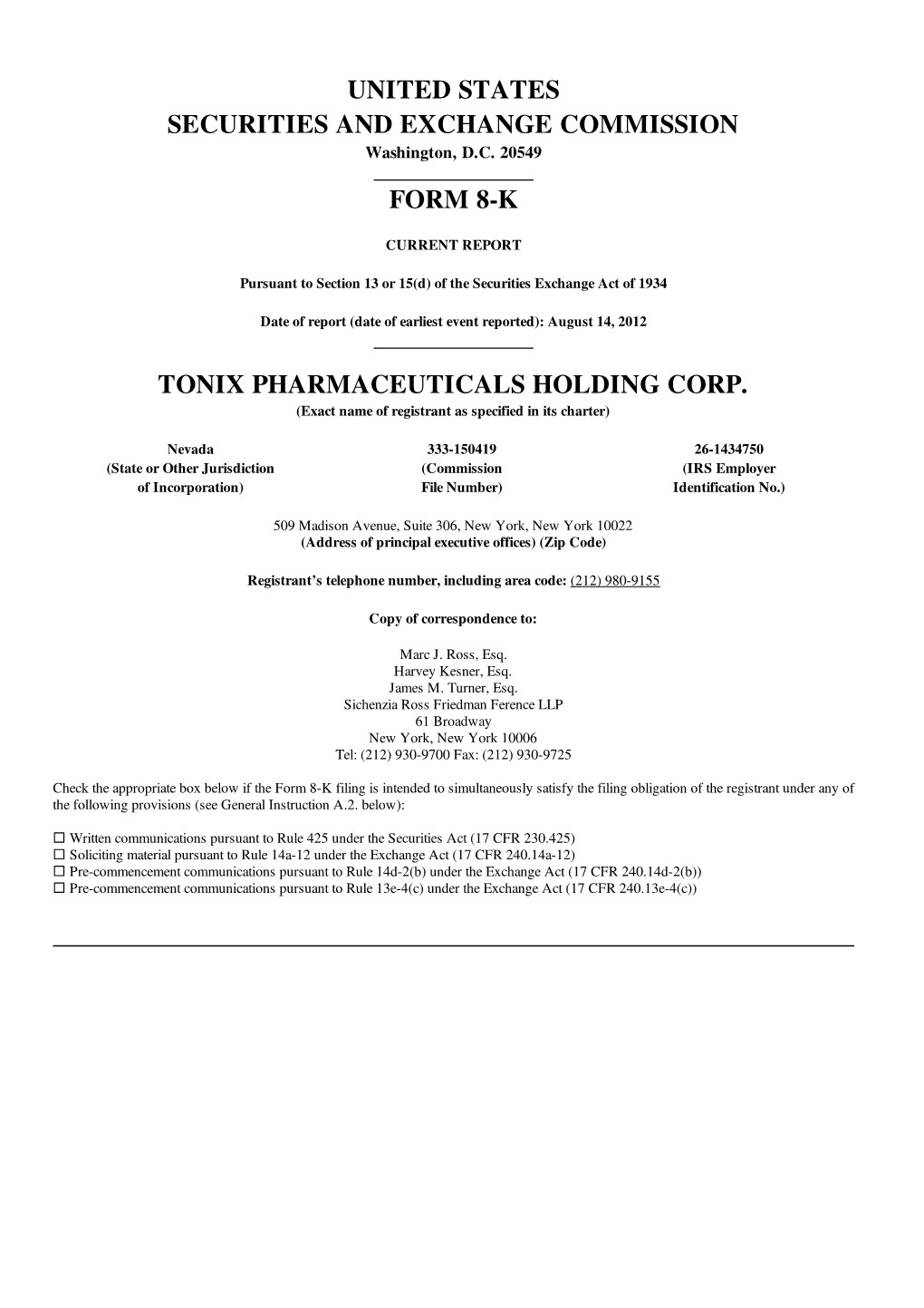 United States Securities and Exchange Commission Form