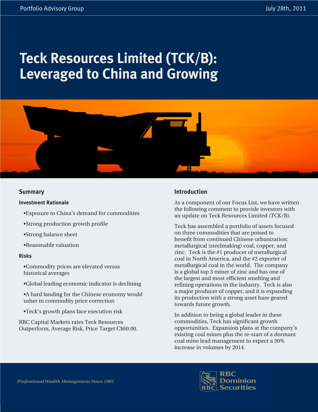 Teck Resources Limited (TCK/B): Leveraged to China and Growing