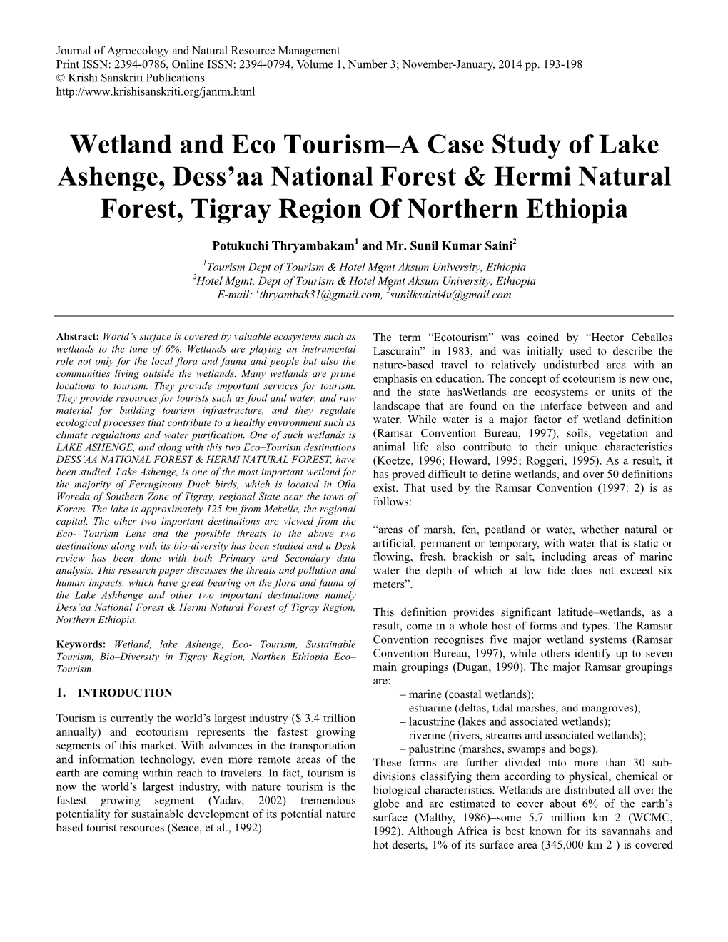 Wetland and Eco Tourism–A Case Study of Lake Ashenge, Dess'aa