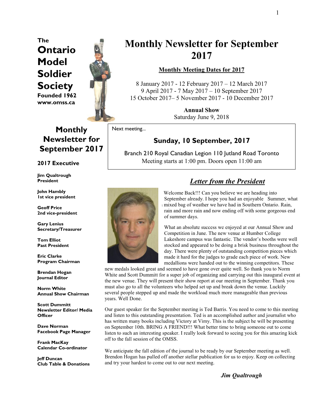 Ontario Model Soldier Society Monthly Newsletter for September 2017