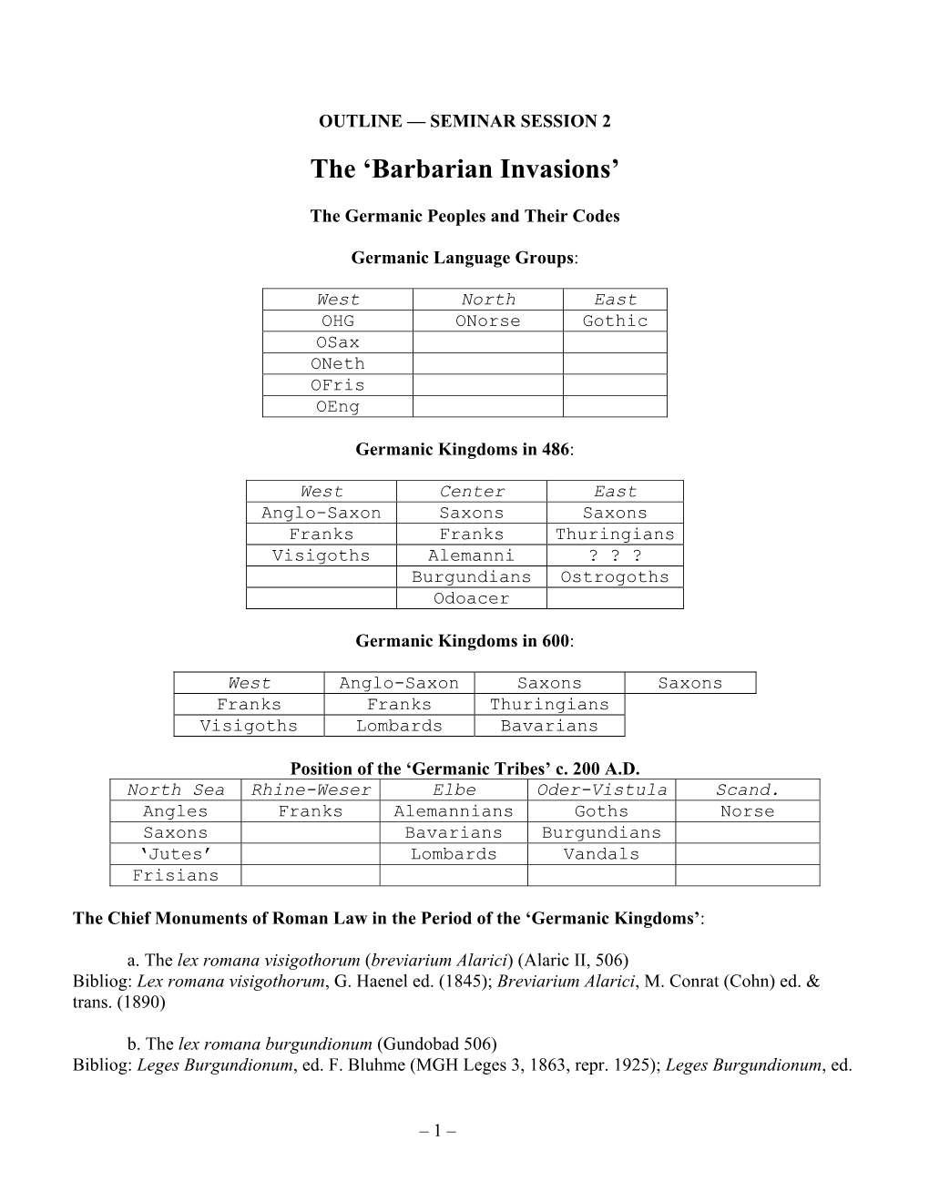 OUTLINE — SEMINAR SESSION 2 the ‘Barbarian Invasions’