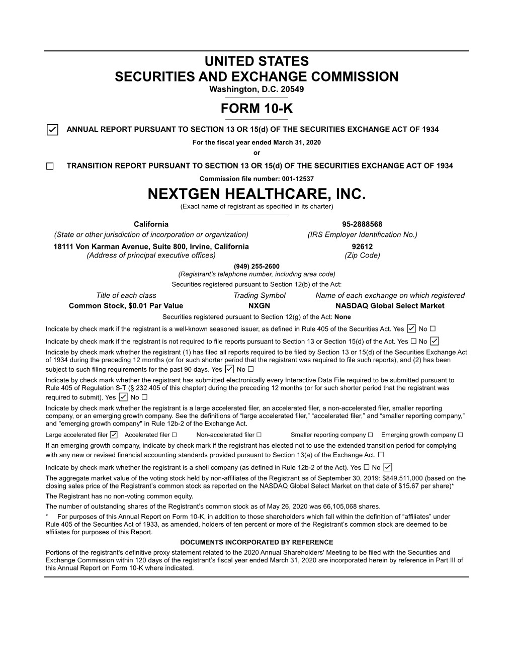 NEXTGEN HEALTHCARE, INC. (Exact Name of Registrant As Specified in Its Charter)