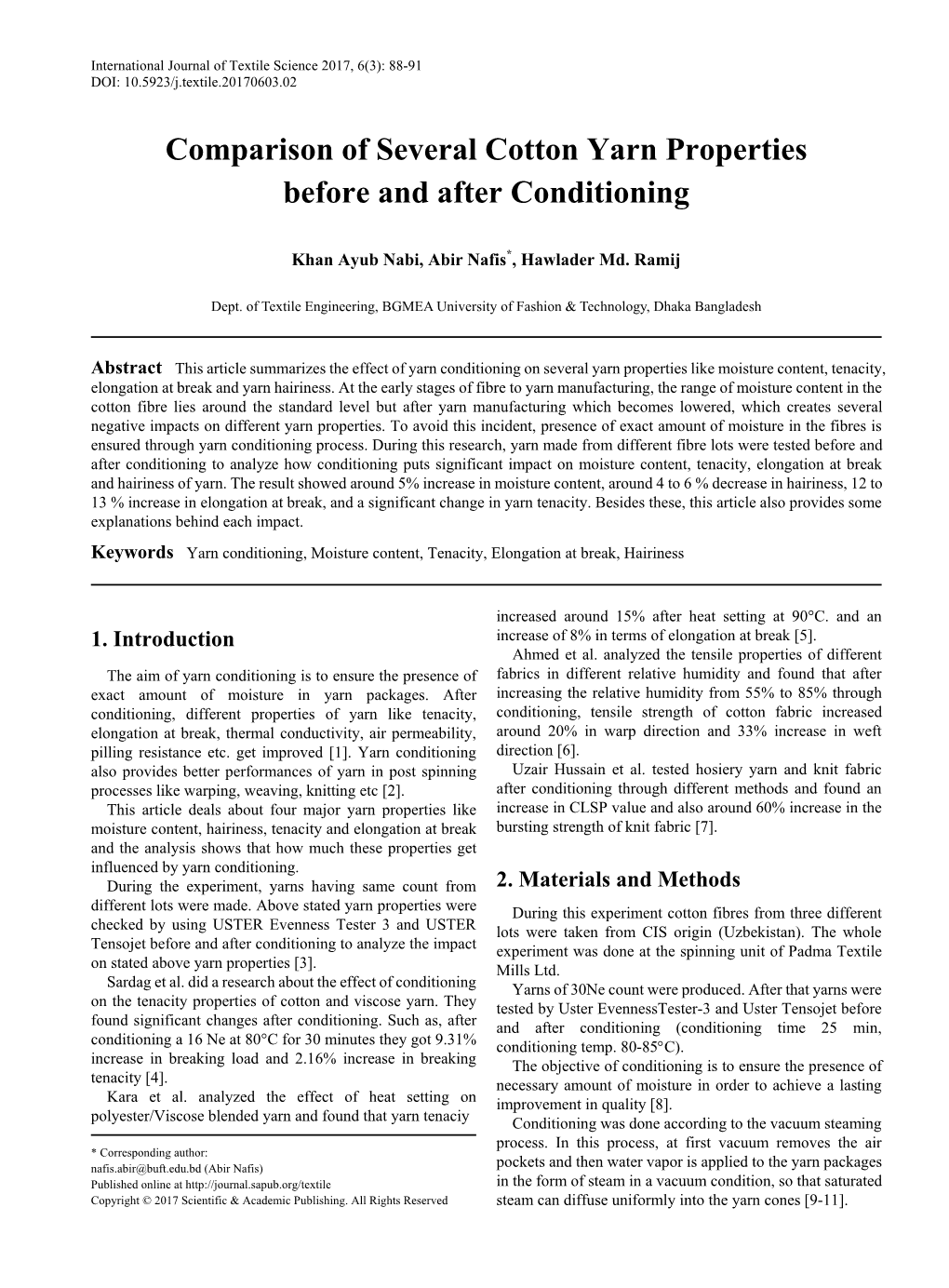 Yarn Conditioning, Moisture Content, Tenacity, Elongation at Break, Hairiness