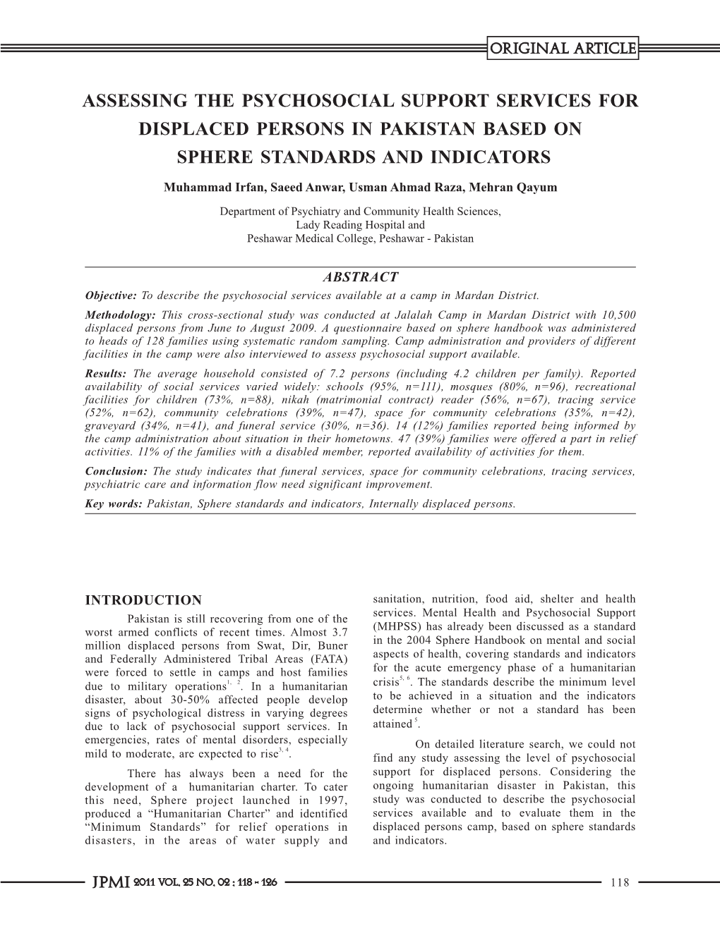 Assessing the Psychosocial Support Services for Displaced Persons in Pakistan Based on Sphere Standards and Indicators