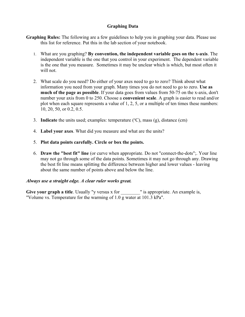 Graphing Rules: the Following Are a Few Guidelines to Help You in Graphing Your Data. Please