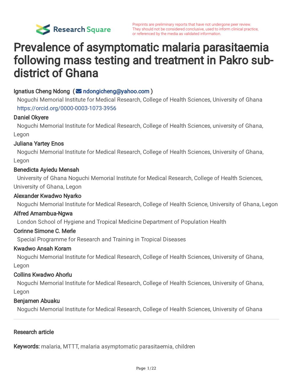 Prevalence of Asymptomatic Malaria Parasitaemia Following Mass Testing and Treatment in Pakro Sub- District of Ghana