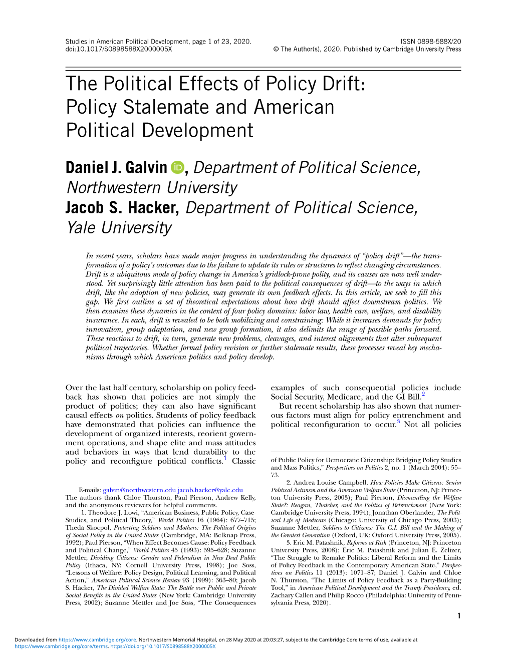 The Political Effects of Policy Drift: Policy Stalemate and American Political Development