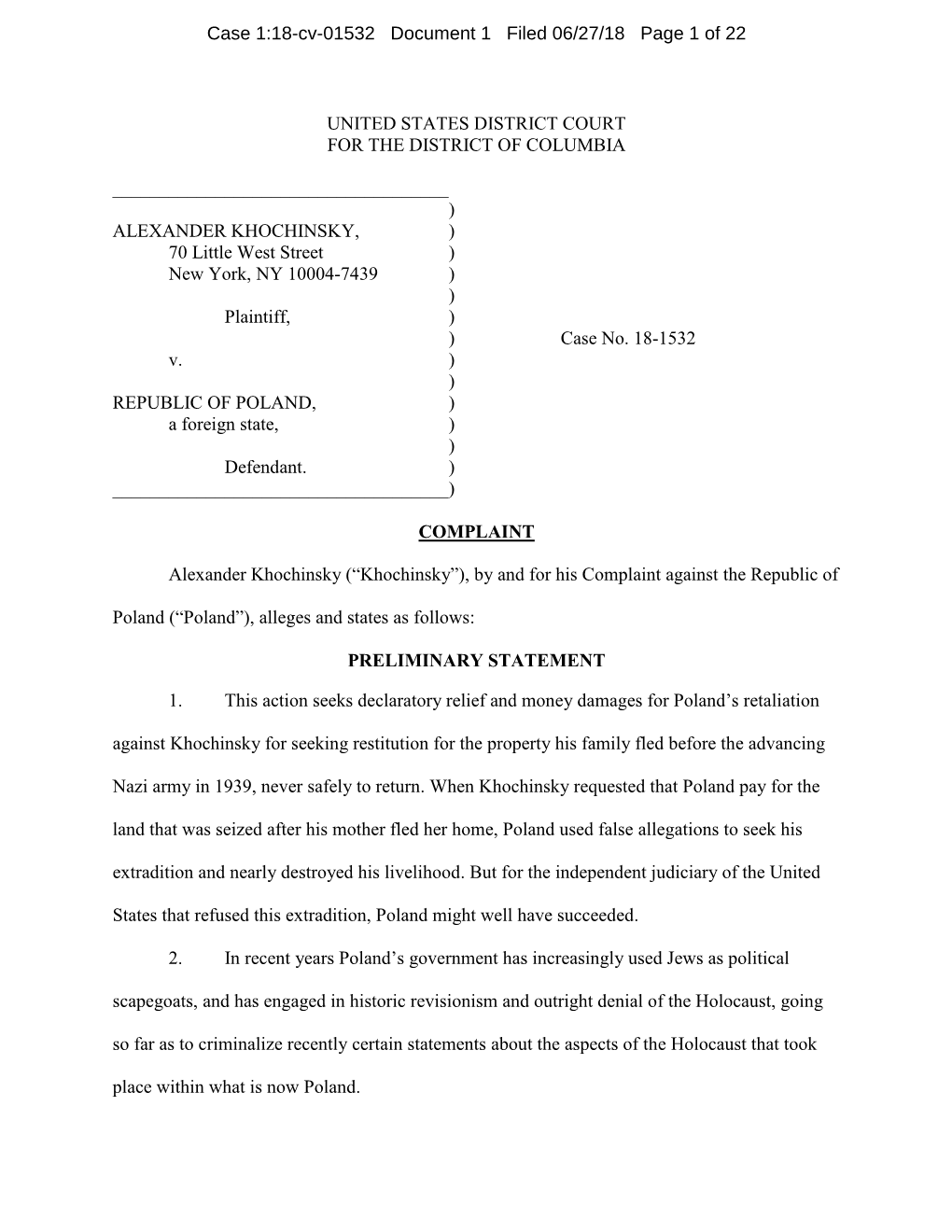 ALEXANDER KHOCHINSKY, ) 70 Little West Street ) New York, NY 10004-7439 ) ) Plaintiff, ) ) Case No