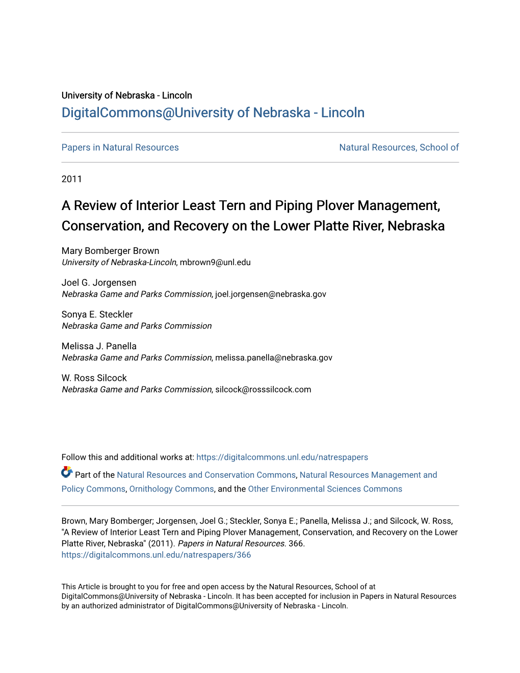 A Review of Interior Least Tern and Piping Plover Management, Conservation, and Recovery on the Lower Platte River, Nebraska