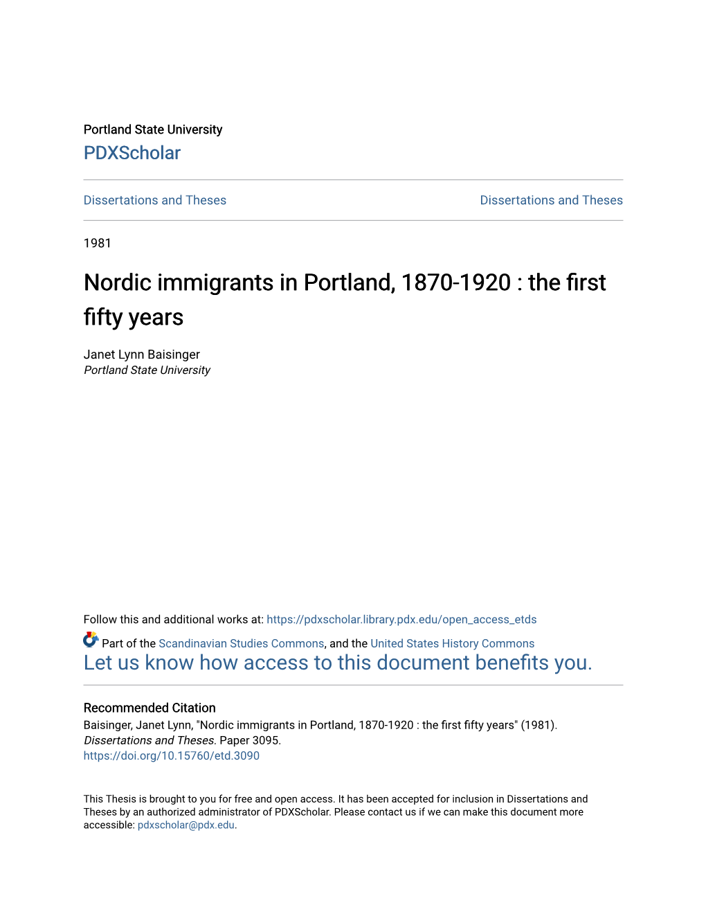 Nordic Immigrants in Portland, 1870-1920 : the First Fifty Years