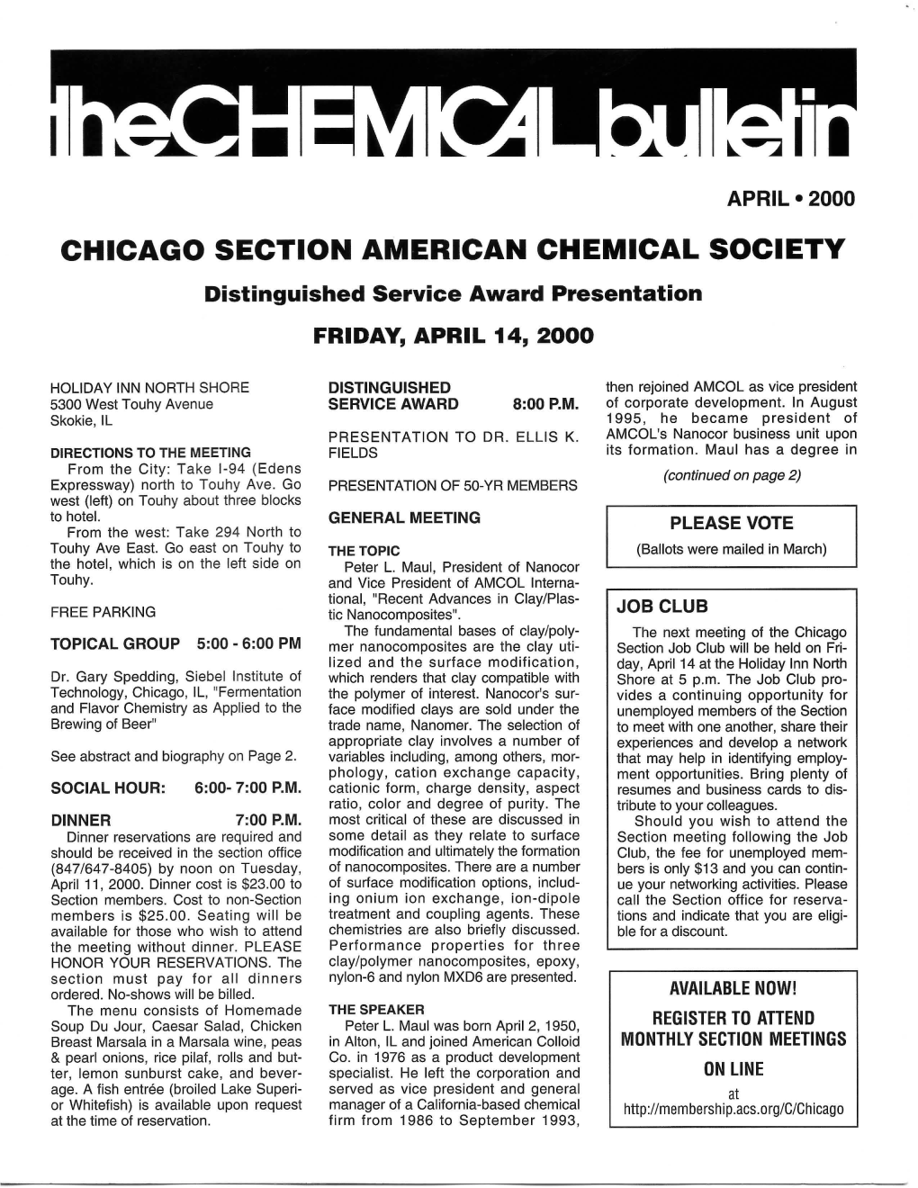 CHICAGO SECTION AMERICAN CHEMICAL SOCIETY Distinguished Service Award Presentation FRIDAY, APRIL 14, 2000