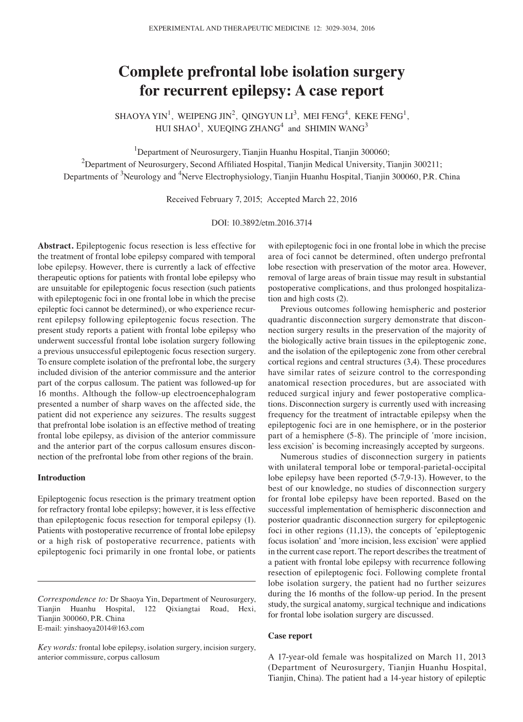 Complete Prefrontal Lobe Isolation Surgery for Recurrent Epilepsy: a Case Report