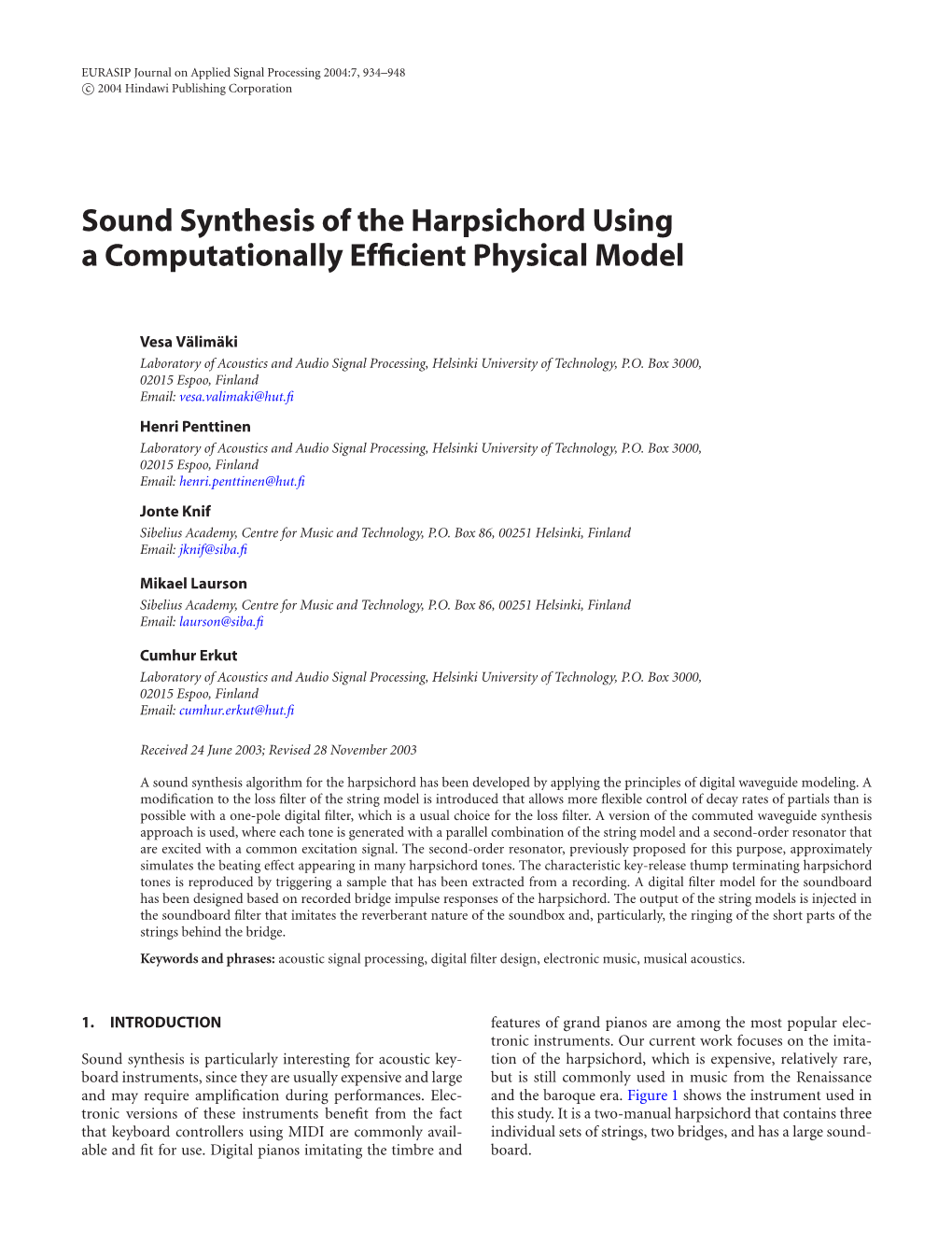 Sound Synthesis of the Harpsichord Using a Computationally Efficient Physical Model