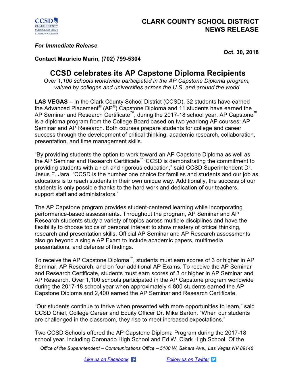 CCSD Celebrates Its AP Capstone Diploma Recipients