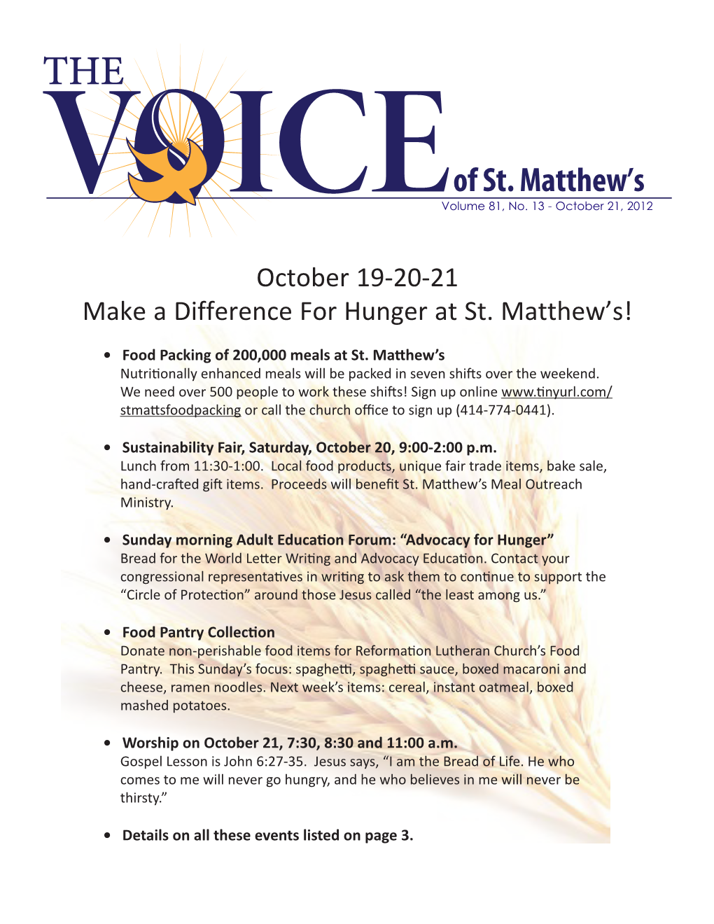 October 19-20-21 Make a Difference for Hunger at St. Matthew's!