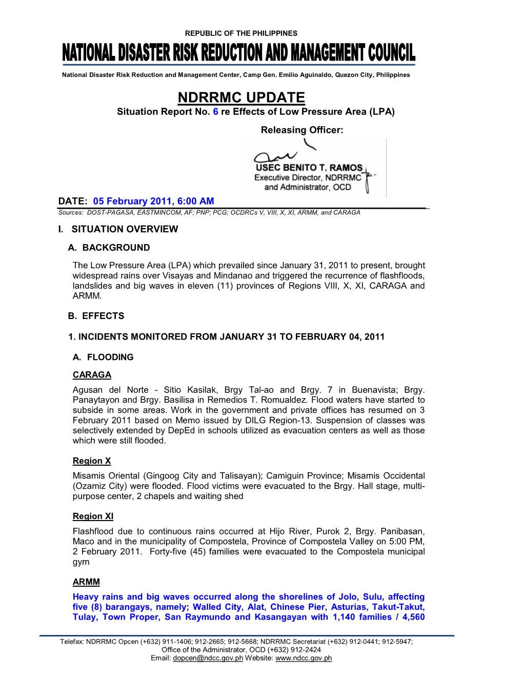 NDRRMC Update Sitrep No. 6 LPA 05 February 2011