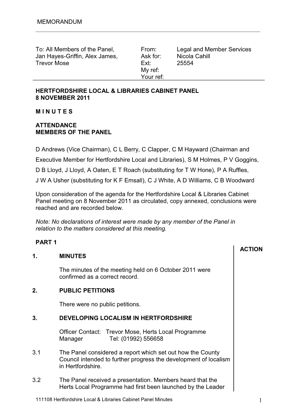 Hertfordshire Local & Libraries Cabinet Panel Minutes 11 July 2011