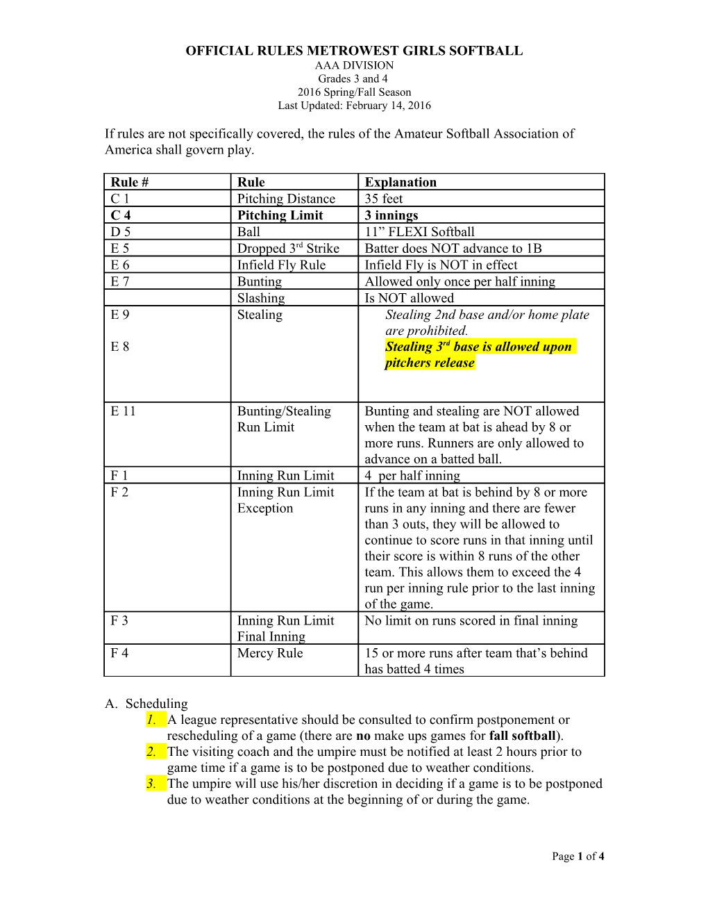 Tri-Valley Softball Rules 3 & 4