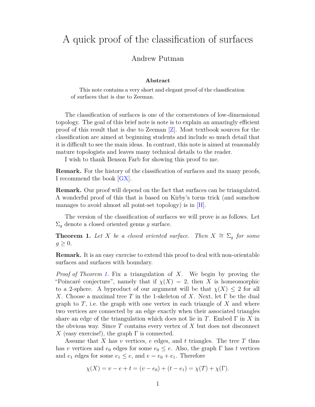 A Quick Proof of the Classification of Surfaces