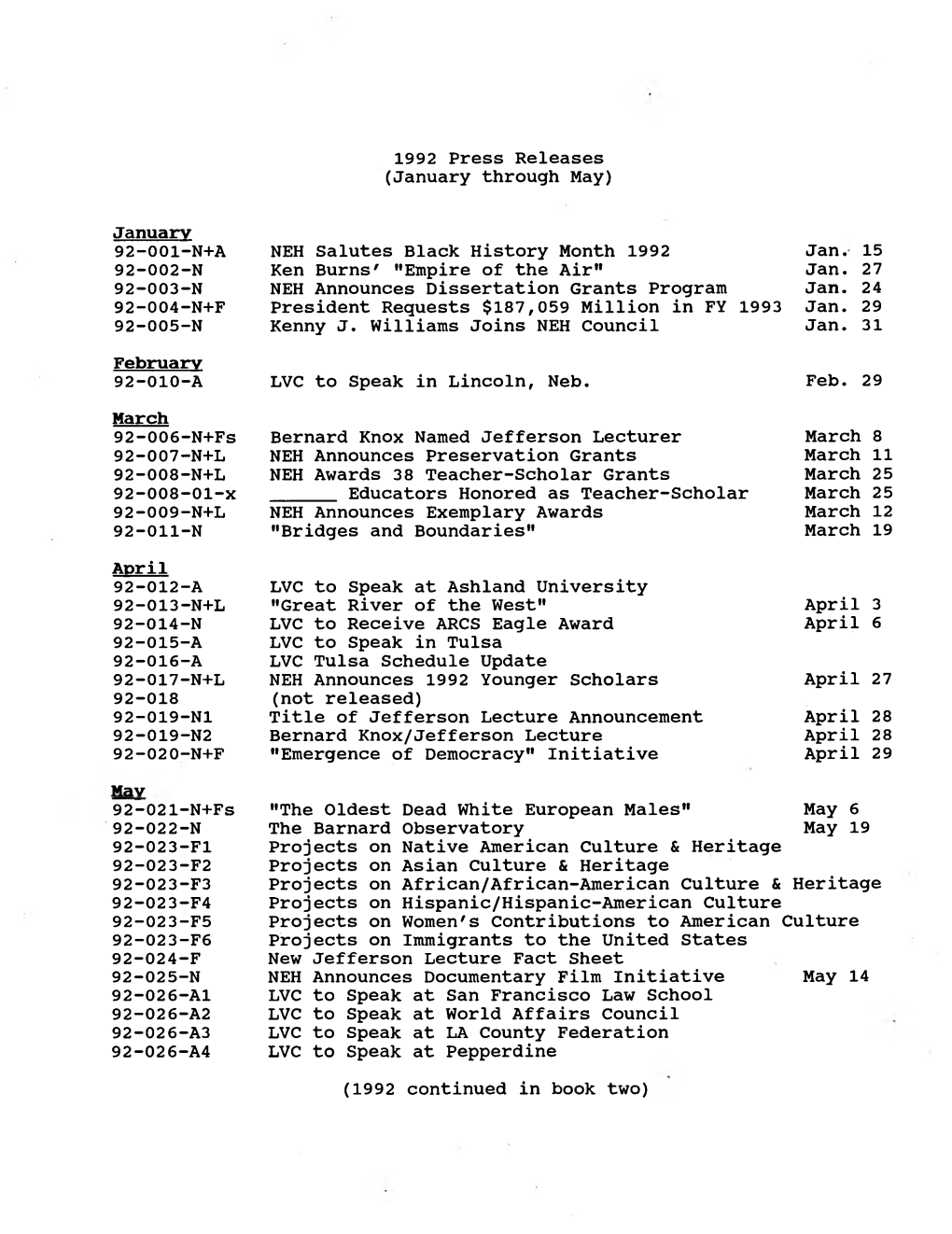 1992 Press Releases (January Through May)