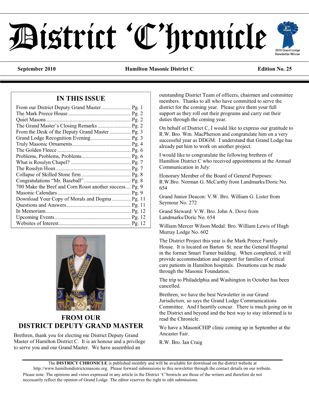 In This Issue from Our District Deputy Grand Master