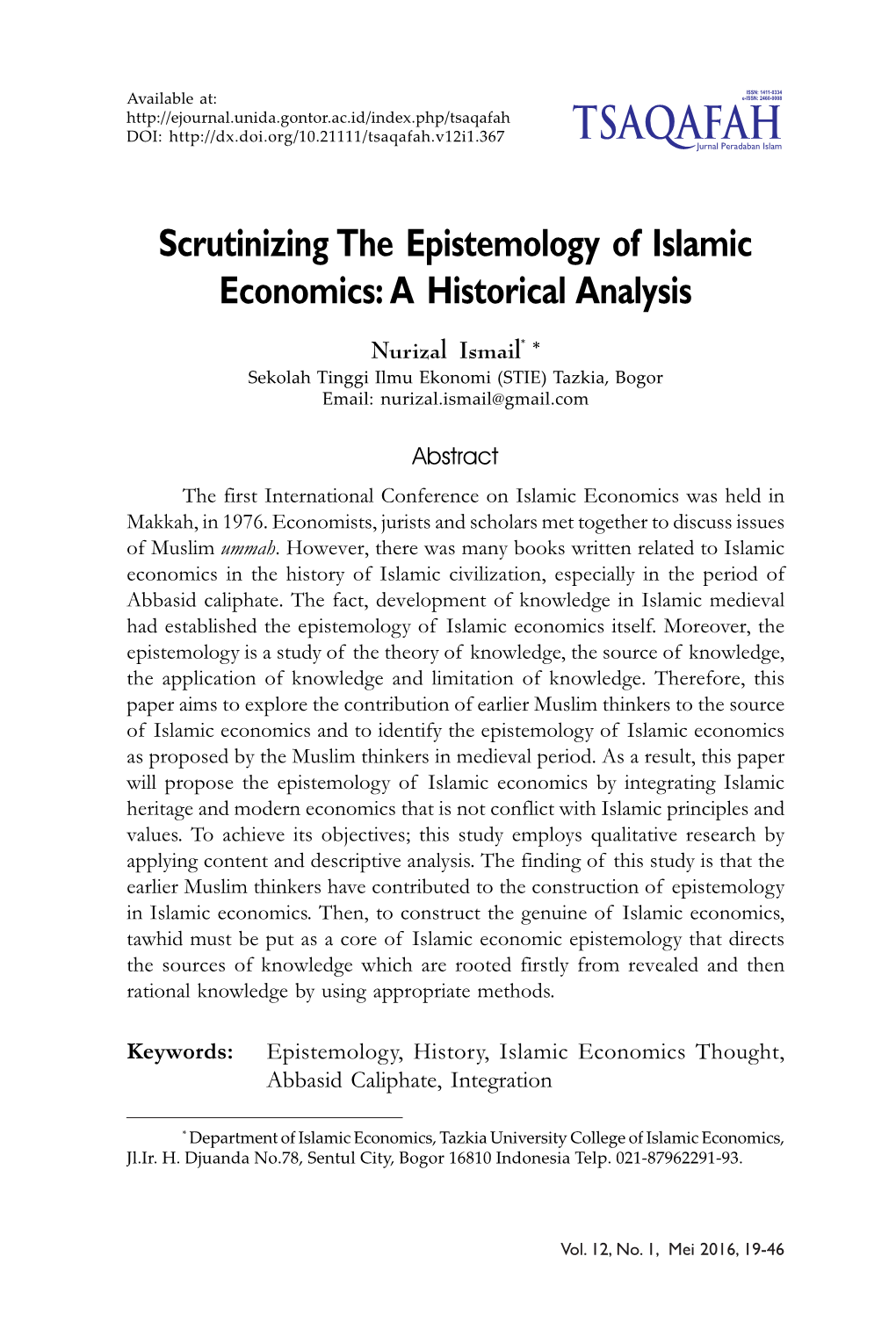 Scrutinizing the Epistemology of Islamic Economics: a Historical Analysis