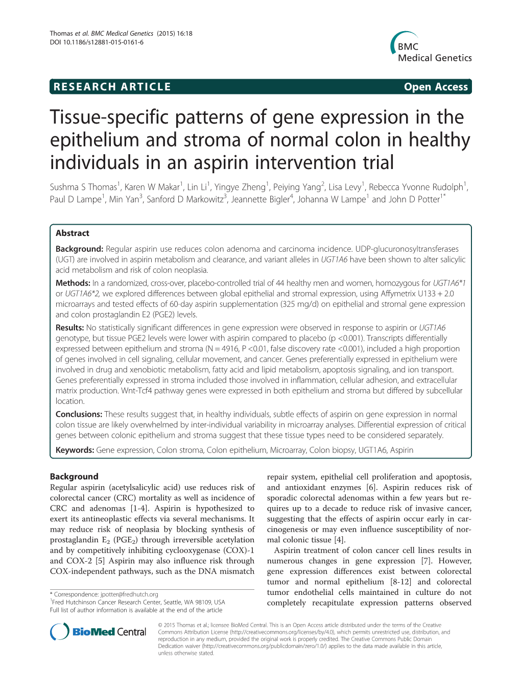 Tissue-Specific Patterns of Gene Expression in the Epithelium And